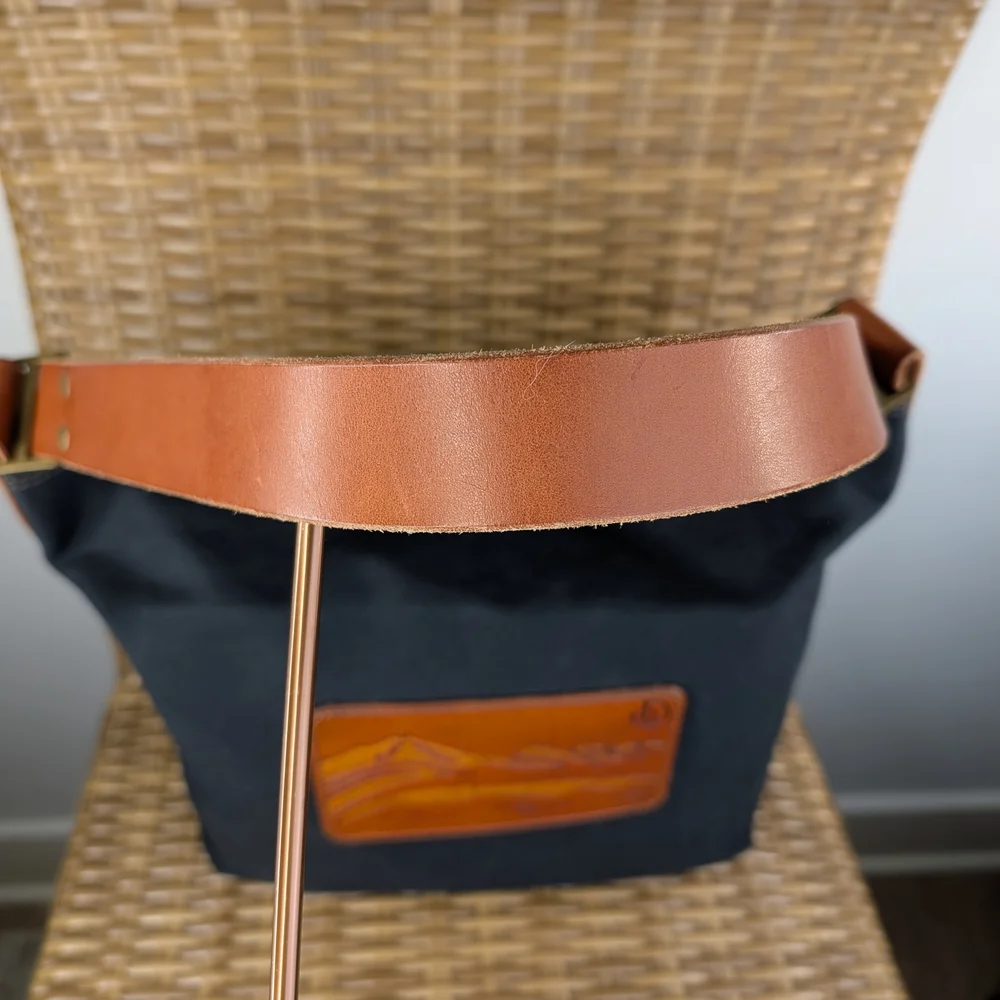 Melakah Design Handmade Black Brown Canvas Leather Handle Logo Emblem Tote Bag - Picture 3 of 16